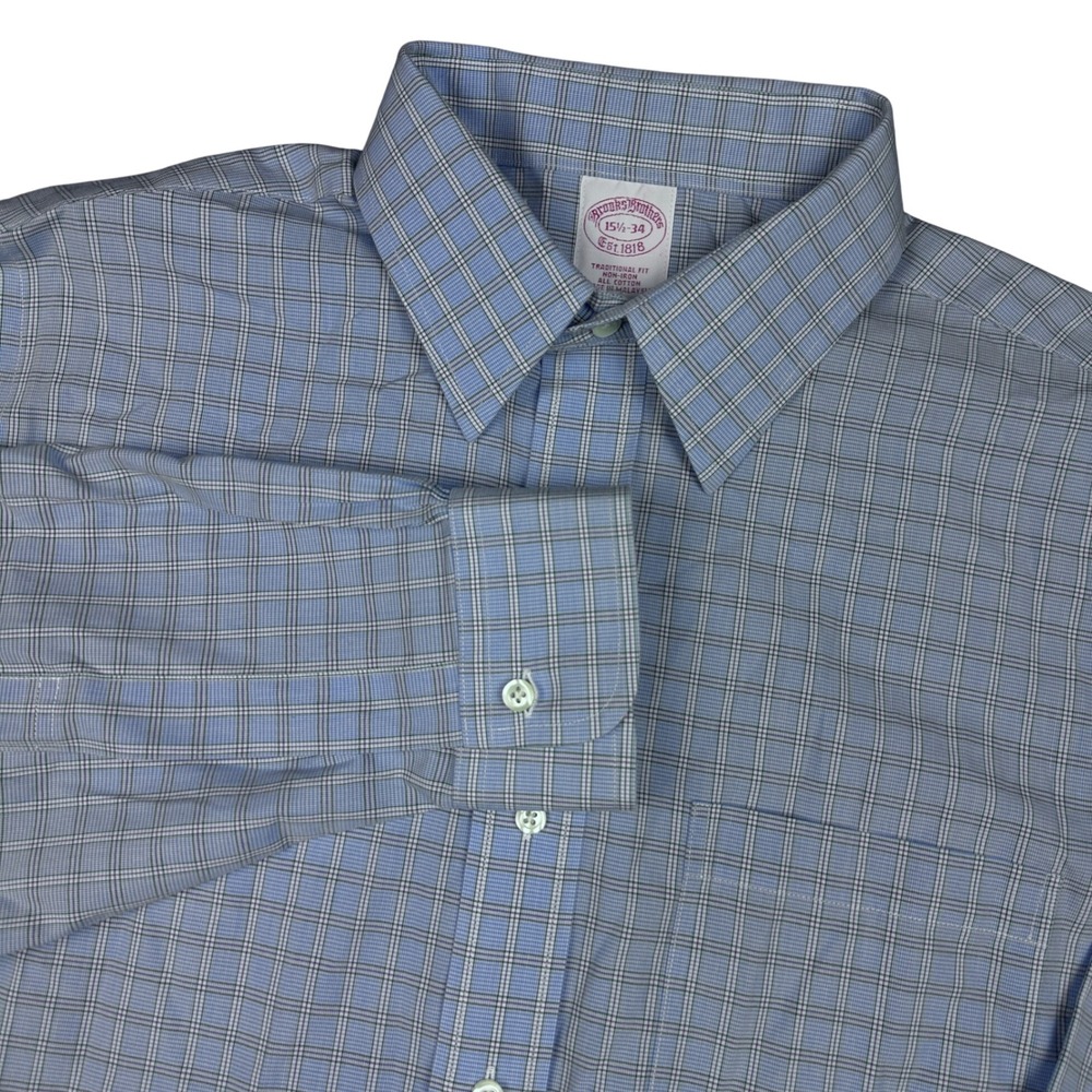 Brooks Brothers Mens 15.5 34 Blue Plaid Non-Iron Cotton Traditional Fit Shirt